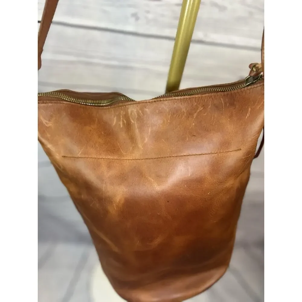 Madewell Leather Zip Top Bucket Tote Bag Brown Shoulder Bag